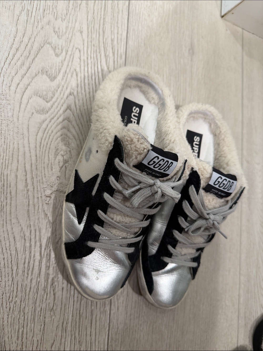 Golden Goose Silver & Black Star Shearling-Trim Sneakers